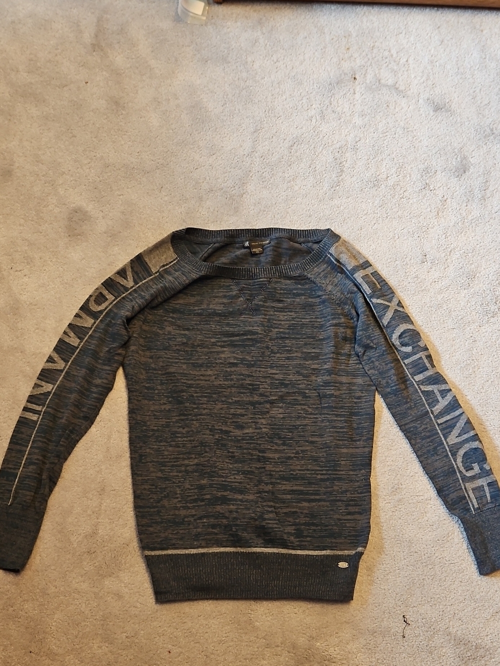 Armani Exchange Women's Heathered Blue Crewneck Sweater with Sleeve Logo